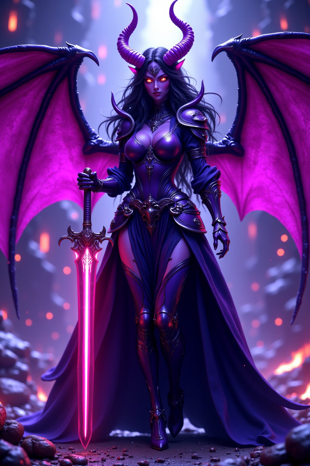 Cinematic full body 3d anime illustration shot of a beautiful female demon, purple skin, black long hair, purple horns, glowing eyes, big demon wings on her back, wearing shiny armor, holding a glowing sword infront of her, hkevil, fsstyle 