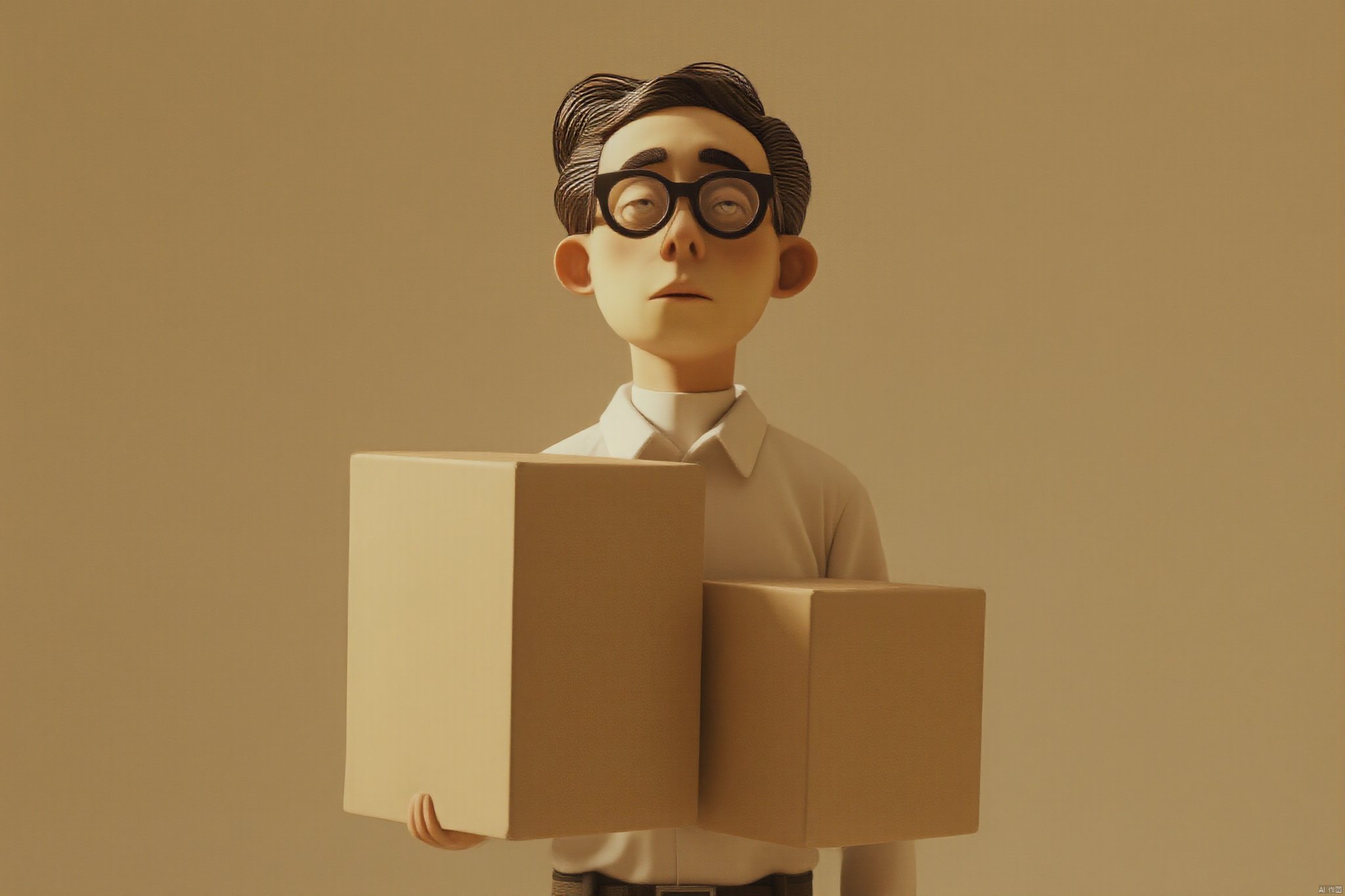 A man in glasses, carrying a lot of delivery boxes, It's handmade. A retro movie