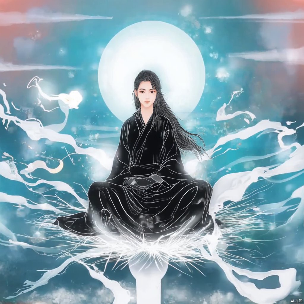 inspired by dunhuang art a woman in traditional chinese attire flowing black robes seated on a white staff surrounded by flowing white and blue water ethereal and mystical elements soft pastel colors dynamic and ethereal mood high-angle shot intricate details serene and mystical atmosphere full-body shot slight tilt angle vibrant and dynamic composition., 1girl, tangka, solo, long hair, black hair, sitting, moon, wide shot, surreal, eastern dragon