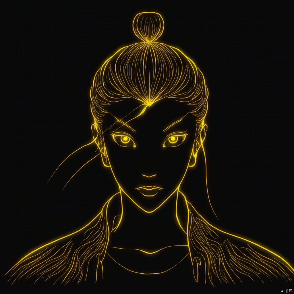 photograph neon yellow lines dark background silhouette of a woman with glowing eyes topknot hairstyle intense expression intense gaze long flowing hair dynamic lines dynamic pose low-angle shot vibrant contrast dramatic lighting ethereal and powerful mood., eastern-mythology, 1man, golden-line, solo, looking at viewer, short hair, simple background, closed mouth, yellow eyes, glowing, black background, portrait, glowing eyes, colored sclera