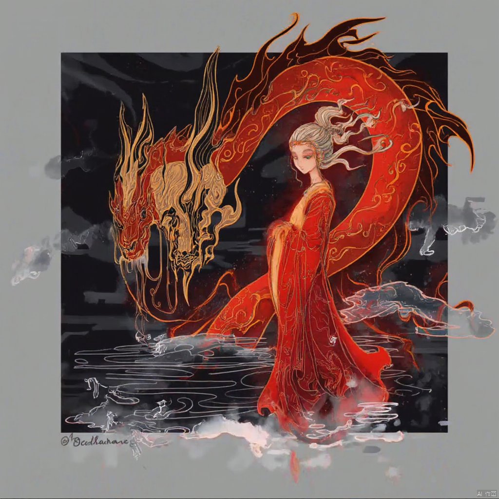 1girl,red dress,dragon,ink painting,