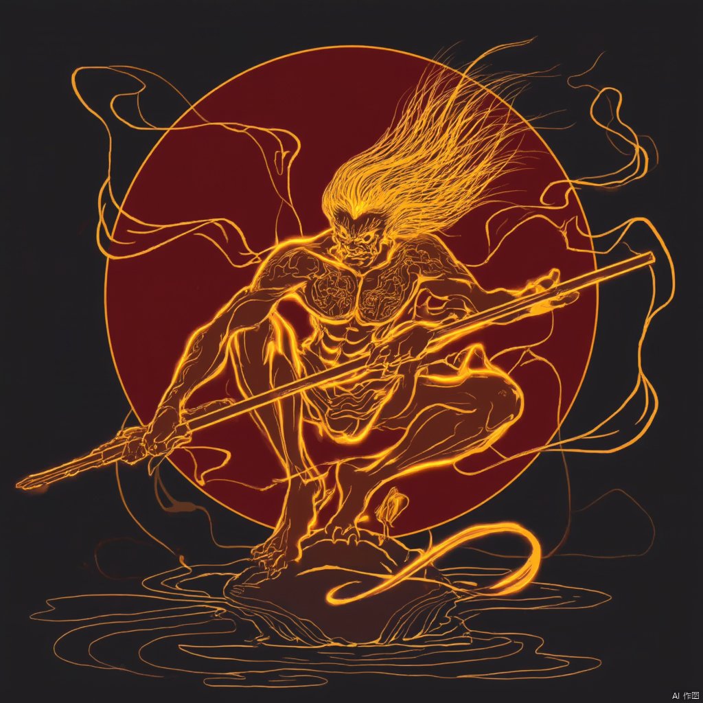 photograph fiery orange and yellow illustration of a demon holding a staff crouching on a round object surrounded by swirling lines dark red background intense and dynamic pose detailed facial features intense gaze dynamic and powerful detailed and detailed dynamic composition high contrast intense yet powerful., eastern-mythology, golden-line, solo, long hair, hair floating in the air, 1boy, demonic face, holding, full armor, male focus, barefoot, tattoo, muscular, smoking pipe, kiseru