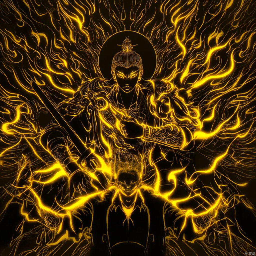 inspired by fantasy art a figure in traditional chinese attire holding a sword surrounded by swirling yellow and black flames intense gaze intense expression seated in a meditative pose dark background golden hues dynamic and intense mood detailed and detailed ethereal and mystical atmosphere inspired by ancient chinese mythology., eastern-mythology, looking at viewer, golden-line, 1boy, holding, closed mouth, yellow eyes, weapon, male focus, full armor, sword, 2boys, holding weapon, tattoo, arm tattoo