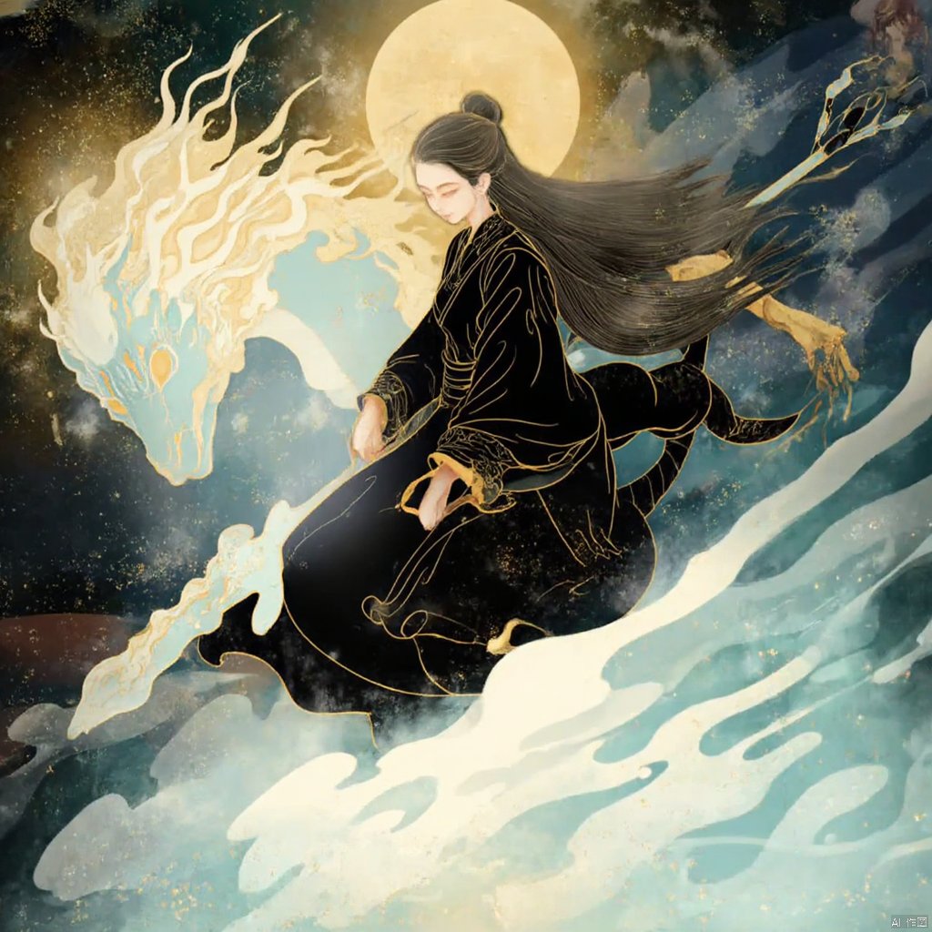 inspired by dunhuang art a woman in traditional chinese attire flowing black robes seated on a white staff surrounded by flowing white and blue water ethereal and mystical elements soft pastel colors dynamic and ethereal mood high-angle shot intricate details serene and mystical atmosphere full-body shot slight tilt angle vibrant and dynamic composition., 1girl, tangka, solo, long hair, black hair, sitting, moon, wide shot, surreal, eastern dragon