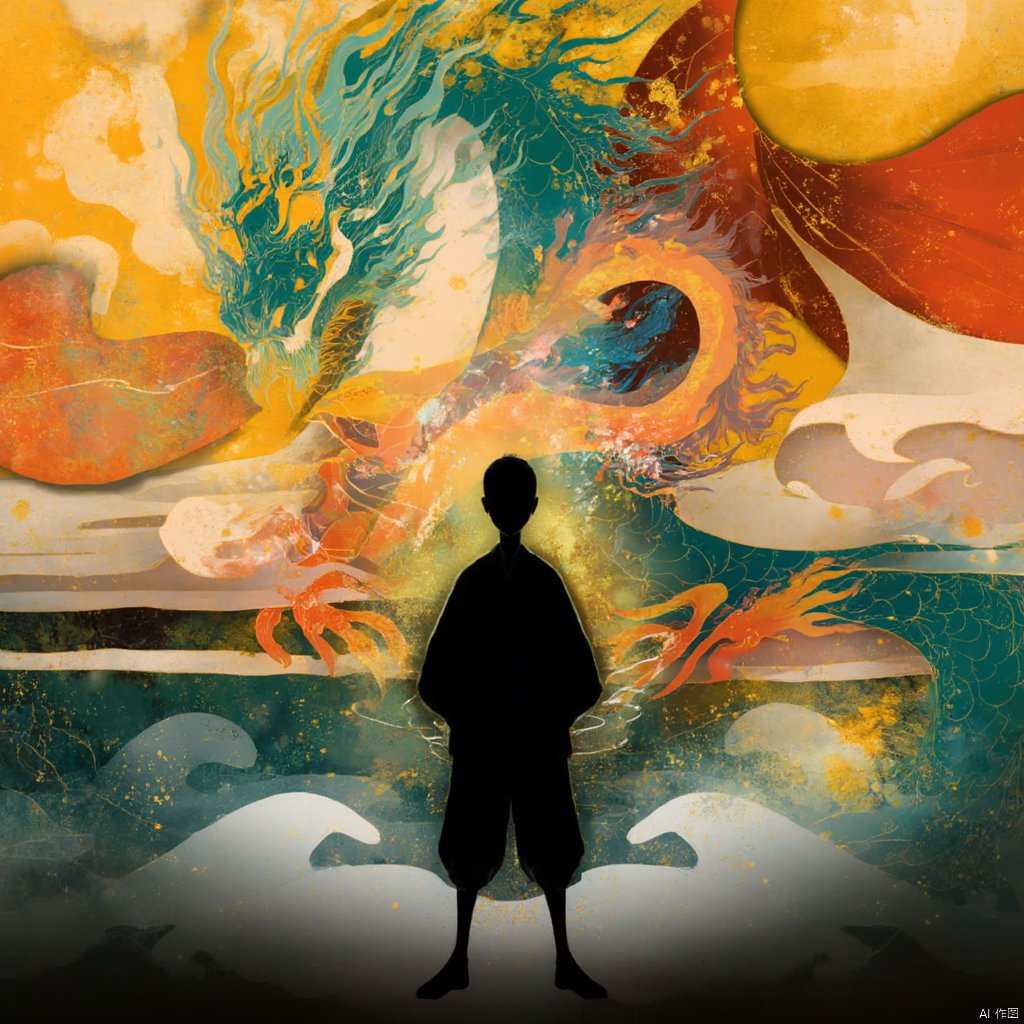 anime artwork daoist character in traditional chinese attire standing on a white paper umbrella surrounded by vibrant orange and yellow hues dynamic dragon and phoenix dynamic and powerful composition ethereal and mystical atmosphere intricate details flowing robes serene and contemplative mood high-angle shot soft focus vibrant and detailed., 1girl, tangka, short hair, black hair, 1boy, standing, japanese clothes, pants, kimono, silhouette, surreal, eastern dragon