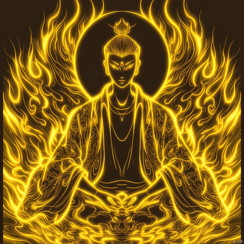 photograph golden fire-like effect silhouette of a seated buddha intricate patterns on his robe seated in a meditative pose surrounded by swirling flames dark background serene and mystical atmosphere high-angle shot vibrant colors intricate details dynamic composition ethereal and powerful., eastern-mythology, solo, golden-line, looking at viewer, 1boy, upper body, halo, male focus, glowing eyes, robe, straight-on, topknot, yellow theme