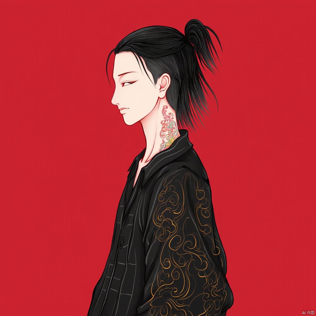 photograph a character from a traditional chinese dynasty wearing a black robe with intricate patterns standing against a red background side profile hair tied back with a ponytail tattoo on neck serene expression soft lighting muted colors ethereal and contemplative mood., solo, tangka, simple background, black hair, 1boy, closed eyes, ponytail, male focus, from side, tattoo, profile, red background, hands in pockets