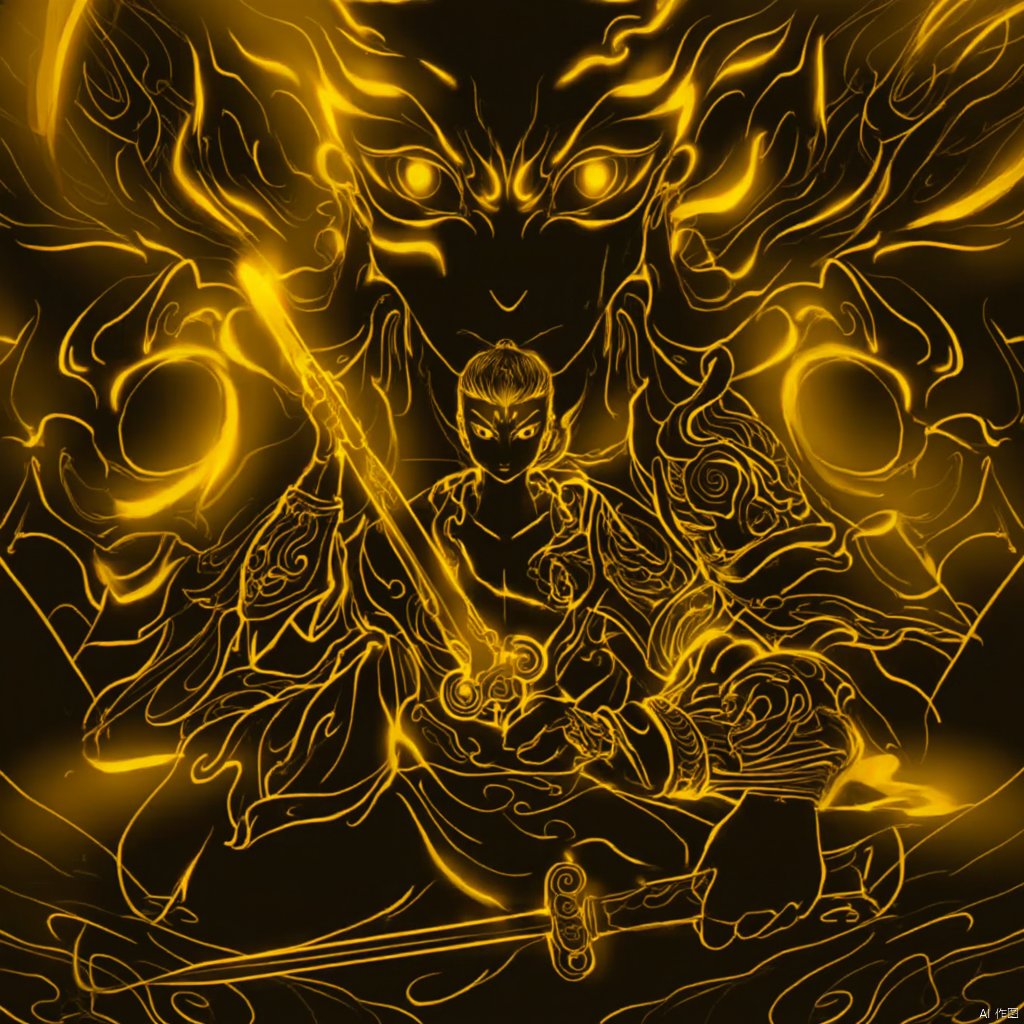 inspired by fantasy art a figure in traditional chinese attire holding a sword surrounded by swirling yellow and black flames intense gaze intense expression seated in a meditative pose dark background golden hues dynamic and intense mood detailed and detailed ethereal and mystical atmosphere inspired by ancient chinese mythology., eastern-mythology, looking at viewer, golden-line, 1boy, holding, closed mouth, yellow eyes, weapon, male focus, full armor, sword, 2boys, holding weapon, tattoo, arm tattoo