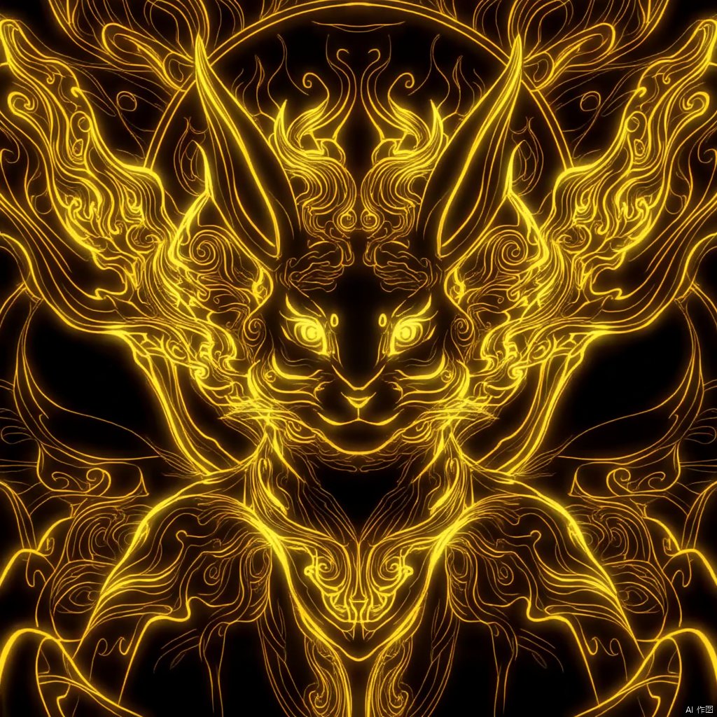 photograph golden line art ethereal rabbit with glowing eyes surrounded by intricate golden wings dark background with swirling patterns golden hourglass in the background mystical and mystical ambiance delicate and serene expression intricate details golden hues mystical ambience delicate lines egyptian-inspired., eastern-mythology, solo, looking at viewer, golden-line, closed mouth, halo, rabbit, full armor, full body, no humans, black background, animal focus, straight-on