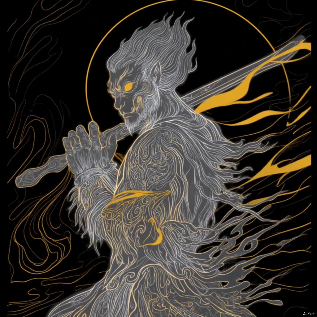 photograph a figure in traditional chinese attire holding a round mirror surrounded by swirling patterns dark background golden and black color intricate design on the body intense and dynamic pose intense gaze detailed and detailed ethereal and powerful cultural and historical essence rich colors detailed textures detailed patterns dynamic composition., eastern-mythology, a drawing of a monkey king, solo, golden-line, 1boy, halo, the golden hoop is placed on the shoulder, hair burning like fire, holding, demonic face, full armor, weapon, furry, male focus, holding weapon, from side, over shoulder, weapon over shoulder