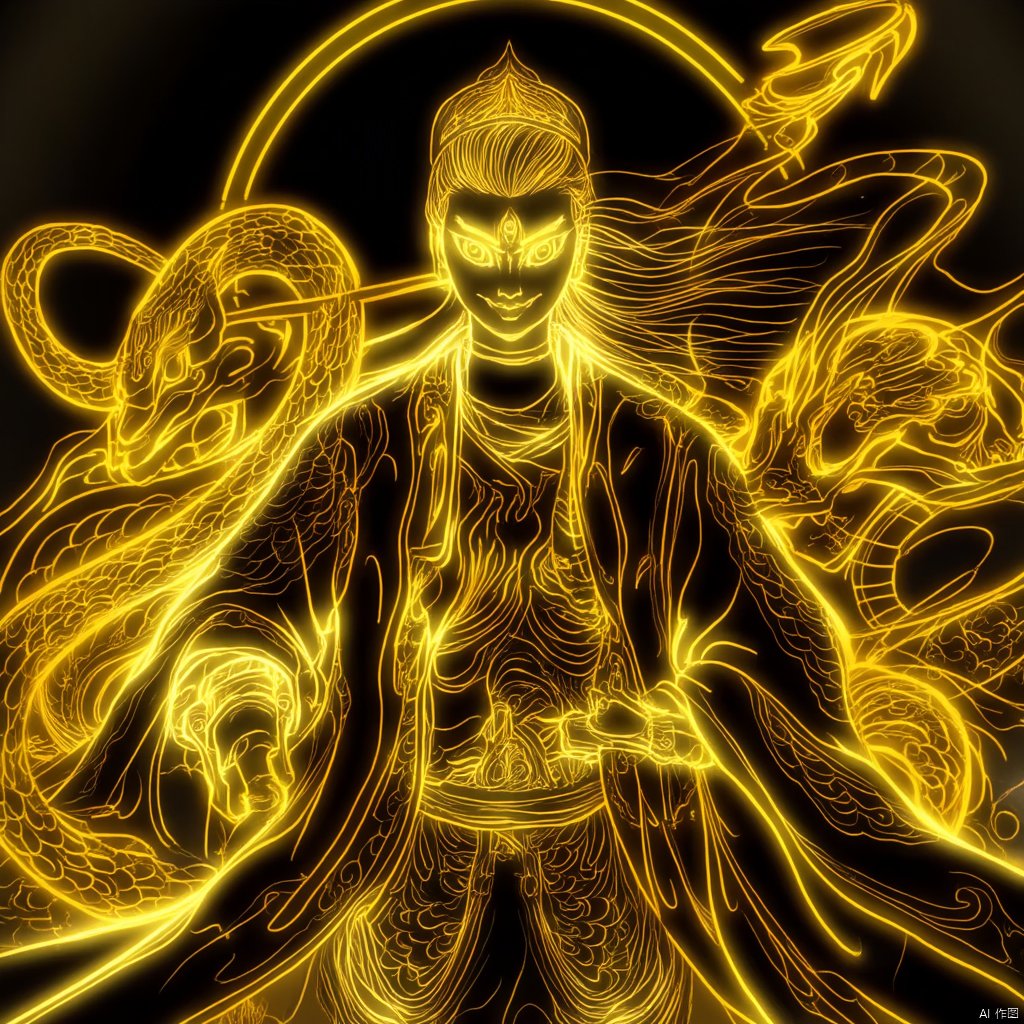 photograph neon-lit warrior in traditional chinese attire holding a sword flanked by two dragons glowing yellow and black background intense gaze long flowing hair dynamic pose intense expression dynamic and powerful ethereal and mystical atmosphere detailed and detailed high-angle shot vibrant and detailed., eastern-mythology, solo, long hair, golden-line, looking at viewer, smile, 1boy, full armor, holding, male focus, glowing, staff, holding weapon, glowing eyes, robe, snake