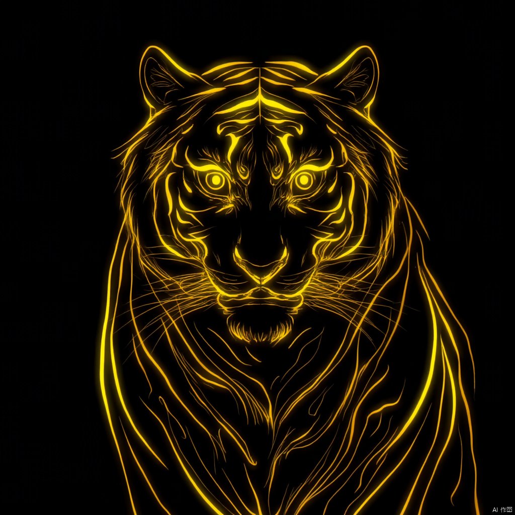 photograph neon-lit tiger glowing yellow and black colors dynamic pose intense expression eyes glowing dark background dynamic lines ethereal and powerful dynamic and intense mood close-up shot vibrant contrast detailed and vivid dynamic yet powerful., eastern-mythology, looking at viewer, golden-line, simple background, yellow eyes, no humans, animal, black background, glowing eyes, tiger ears, animal focus, tiger