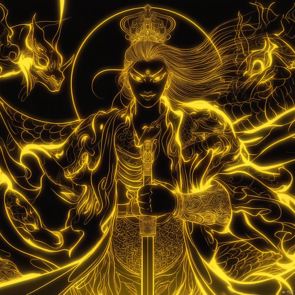 photograph neon-lit warrior in traditional chinese attire holding a sword flanked by two dragons glowing yellow and black background intense gaze long flowing hair dynamic pose intense expression dynamic and powerful ethereal and mystical atmosphere detailed and detailed high-angle shot vibrant and detailed., eastern-mythology, solo, long hair, golden-line, looking at viewer, smile, 1boy, full armor, holding, male focus, glowing, staff, holding weapon, glowing eyes, robe, snake