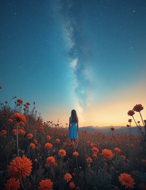 There is a girl standing in a flower field looking up at the sky, a girl standing in a flower field, a girl walking in a flower field, lost in a dreamy wonderland, standing in a flower field, fantastic digital painting, the sky gradually clears, the starry sky gradually recedes