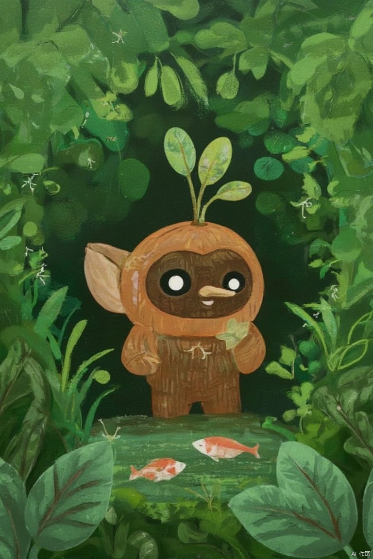 Yebeibei is a strange and cute little elf, with a body like a big coconut and a shell carved with coconut texture. Its big black eyes always sparkle with a clever light, and its small pout often wears a shy smile. And the most unique thing is the pair of emerald green coconut leaves growing slowly above its head, swaying gently in the wind and full of vitality. Coconut buds play and fish in rainforest streams, tropical rainforests,treehouse,landscape,panorama

(Best Quality) (Masterpiece, Boutique, Boutique, Official Art, Beautiful and Elegant: 1.2), Cute, Blind Box, Boutique, Solo, Blind Box, Boutique, Super Cute, Cartoon IP, Light and Shadow, (Realistic, Photo Fidelity: 1.37), 8K, Coconut Chicken