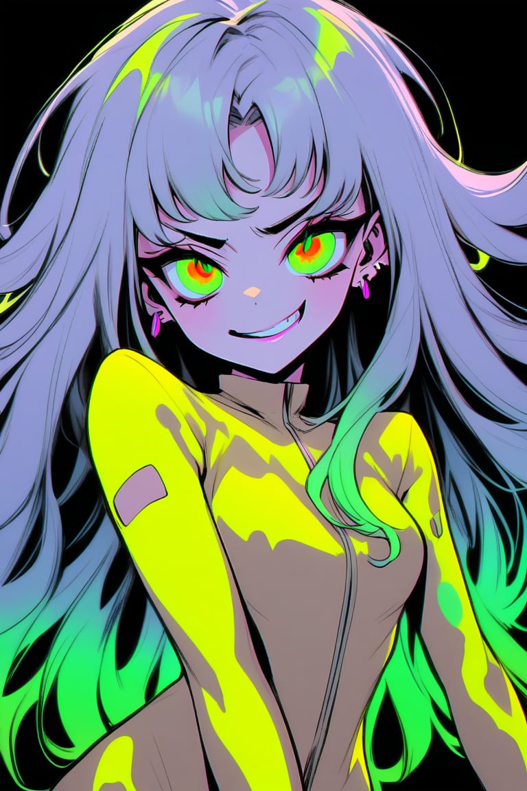 A cyberpunk anime girl with long, flowing hair and piercing neon green eyes gazes directly at the viewer with a sadistic smirk. She wears a bright yellow jumpsuit, her multicolored hair styled in loose waves. The background is a stark, monochromatic gray, emphasizing her vibrant attire and intense expression.