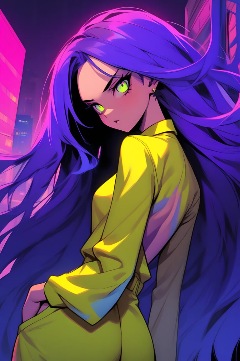 Close-up shot of a lone girl with striking features against a dark, gritty cityscape. Her long, flowing hair is a mesmerizing blend of colors, including pink, blue, and purple hues. Her neon green eyes gleam with an air of sadistic intensity as she directly confronts the viewer. She wears a bright yellow jumpsuit that contrasts starkly with the dull urban backdrop. The girl's expression is a perfect blend of sass and menace, her gaze piercing and unapologetic.