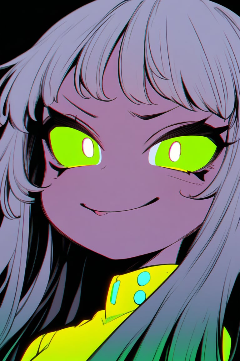 A cyberpunk anime girl with long, flowing hair and piercing neon green eyes gazes directly at the viewer with a sadistic smirk. She wears a bright yellow jumpsuit, her multicolored hair styled in loose waves. The background is a stark, monochromatic gray, emphasizing her vibrant attire and intense expression.