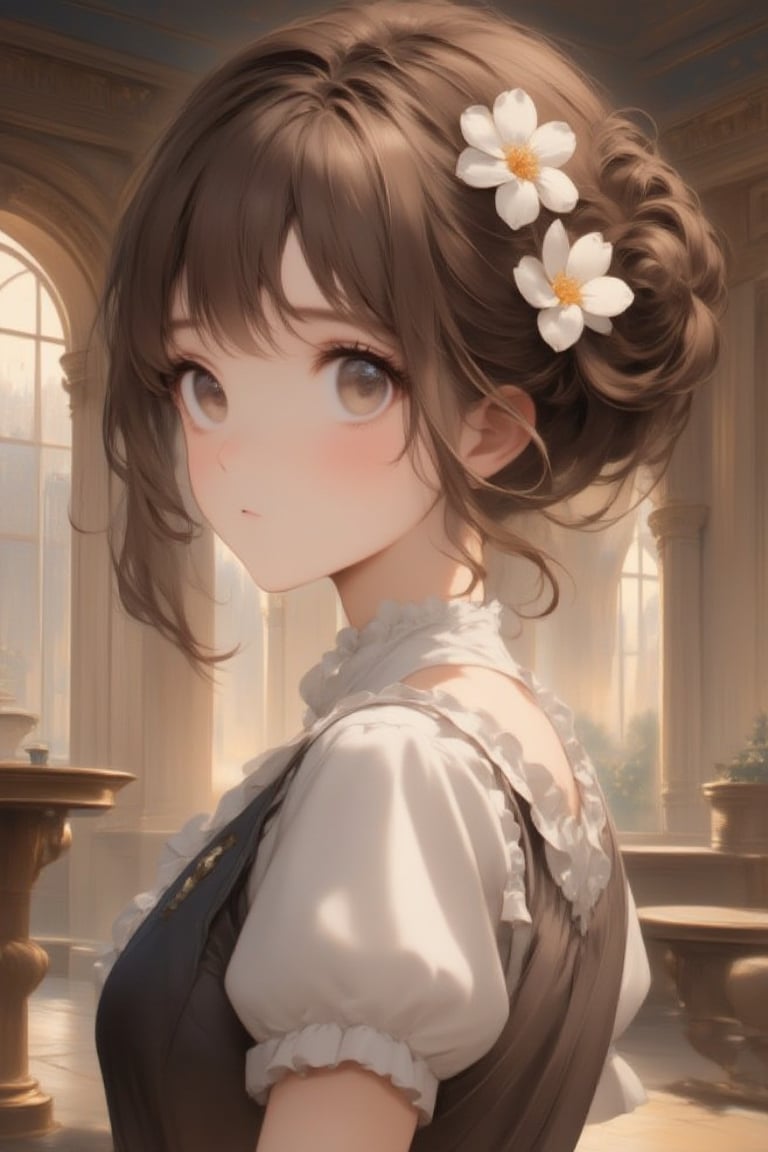 1girl, looking at viewer, short hair, bangs, brown hair, shirt, hair ornament, brown eyes, closed mouth, white shirt, upper body, flower, frills, solo focus, looking back, indoors, hair flower, hair bun, vest, lips, single hair bun, white flower, portrait, head wreath,Anime style,Oil painting style 