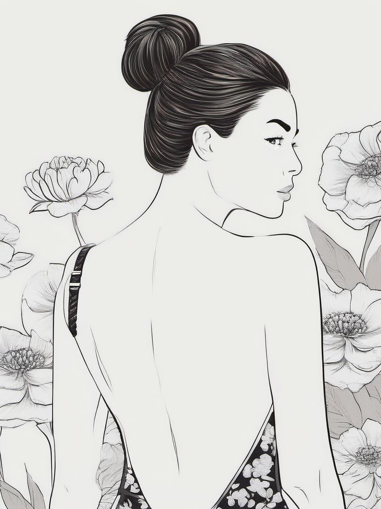 1NK , <lora:1NK:1>,black and white illustration of a young woman in a swimsuit. She is standing with her back to the viewer, facing away from the camera. Her hair is styled in a high bun and she has a serious expression on her face. The background is filled with various flowers and leaves, creating a floral and leafy atmosphere. The overall style of the illustration is sketchy and minimalistic.