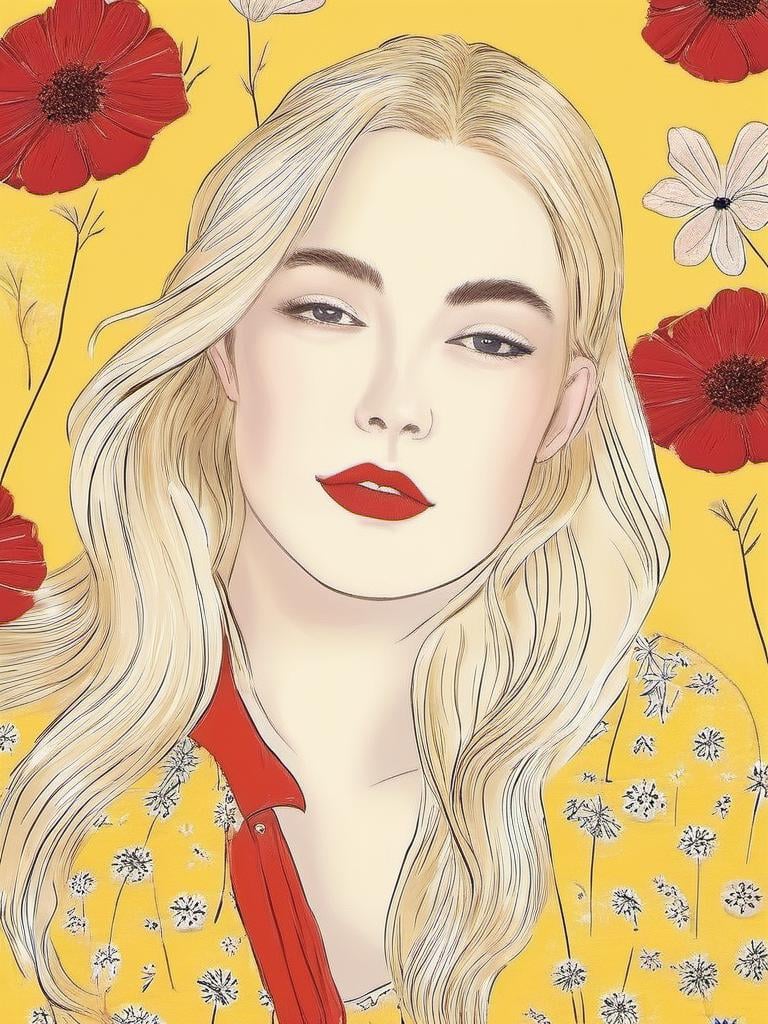 1NK , <lora:1NK:1>, illustration of a young woman with long blonde hair and red lipstick, sitting on the ground with flowers flying around her. She is wearing a red blouse and has a serious expression on her face. The background is a yellow color with a floral pattern. The overall style of the illustration is whimsical and dreamlike.