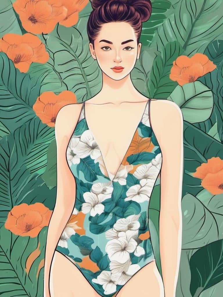 1NK , <lora:1NK:1>, illustration of a young woman in a swimsuit. She is standing with her back to the viewer, facing away from the camera. Her hair is styled in a high bun and she has a serious expression on her face. The background is filled with various flowers and leaves, creating a floral and leafy atmosphere. The overall style of the illustration is sketchy and minimalistic.