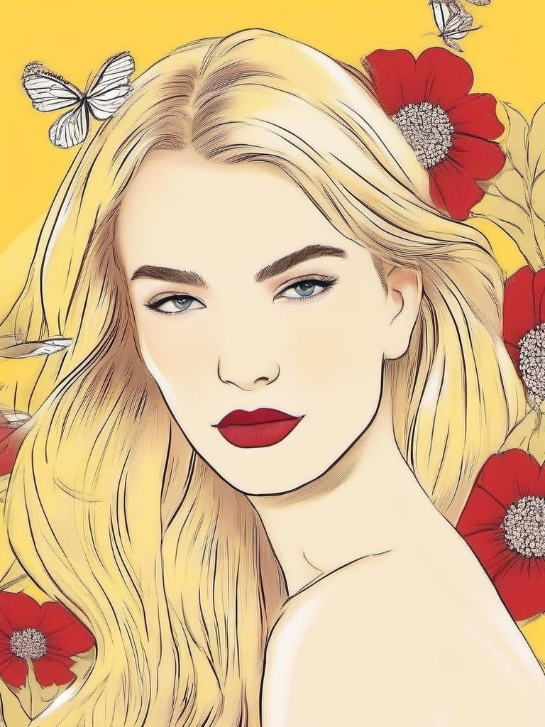 1NK , <lora:1NK:1>, illustration of a young woman with long blonde hair and red lipstick, sitting on the ground with flowers flying around her. She is wearing a red blouse and has a serious expression on her face. The background is a yellow color with a floral pattern. The overall style of the illustration is whimsical and dreamlike.