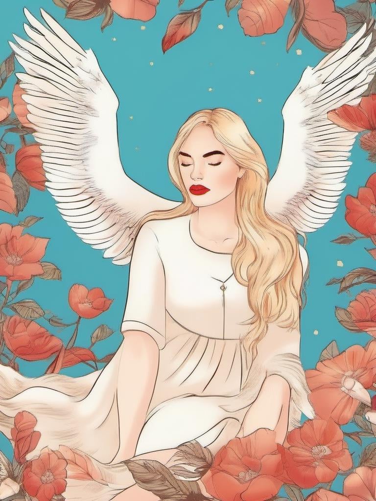 1NK , <lora:1NK:1>,The illustration shows a young woman with long blonde hair and red lipstick, sitting on the ground with two white doves flying around her. She is wearing a red blouse and has a serious expression on her face. The background is a light peach color with a floral pattern. The doves are flying in different directions, with their wings spread wide and their heads tilted upwards. The overall style of the illustration is whimsical and dreamlike.