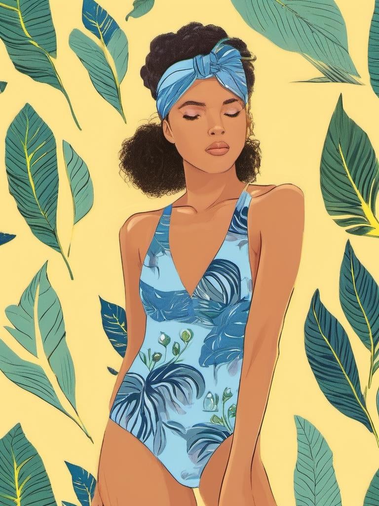 1NK , <lora:1NK:1>,The illustration shows shows a young woman in a blue one-piece swimsuit with a floral pattern. She is standing in front of a yellow background with large green leaves scattered around her. Her hair is styled in a messy bun with a blue headband tied around her head. She has her arms stretched above her head and her eyes are closed, as if she is deep in thought. The overall style of the illustration is summery and playful.