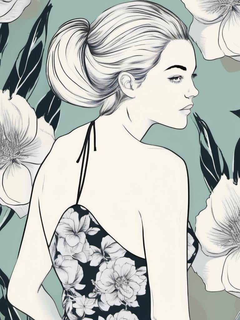 1NK , <lora:1NK:1>,black and white illustration of a young woman in a swimsuit. She is standing with her back to the viewer, facing away from the camera. Her hair is styled in a high bun and she has a serious expression on her face. The background is filled with various flowers and leaves, creating a floral and leafy atmosphere. The overall style of the illustration is sketchy and minimalistic.