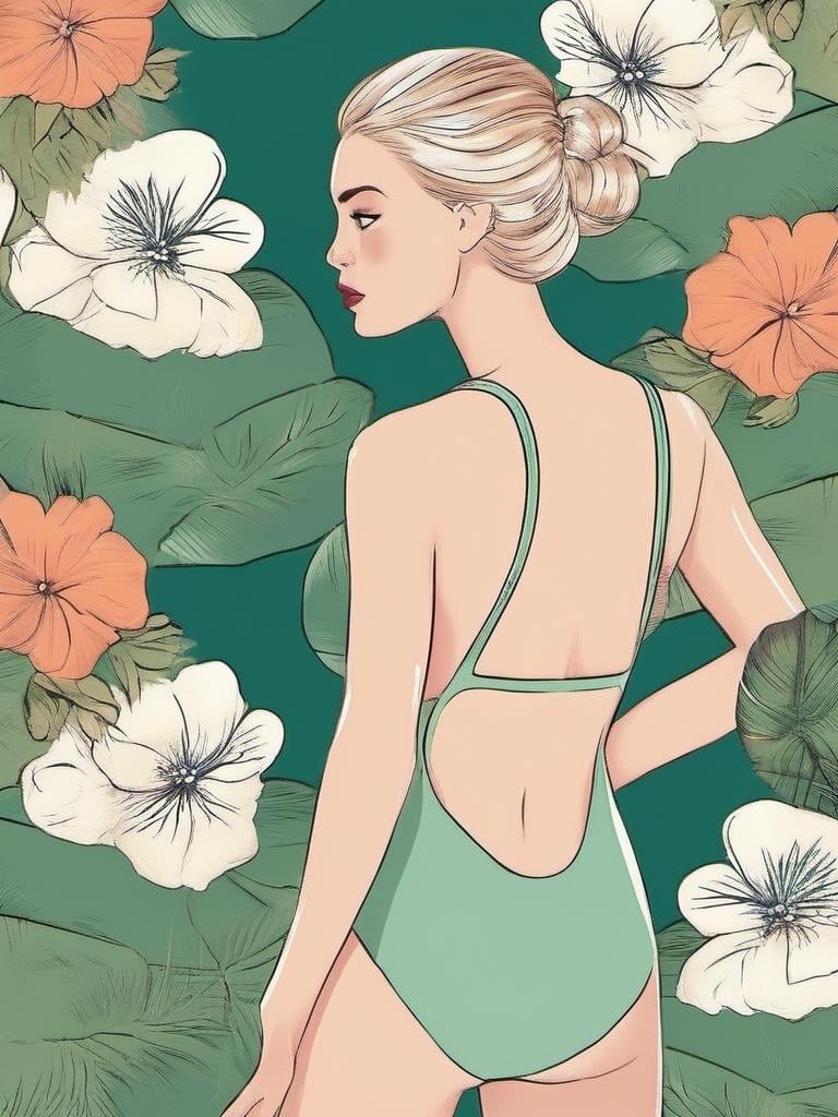 1NK , <lora:1NK:1>, illustration of a young woman in a swimsuit. She is standing with her back to the viewer, facing away from the camera. Her hair is styled in a high bun and she has a serious expression on her face. The background is filled with various flowers and leaves, creating a floral and leafy atmosphere. The overall style of the illustration is sketchy and minimalistic.