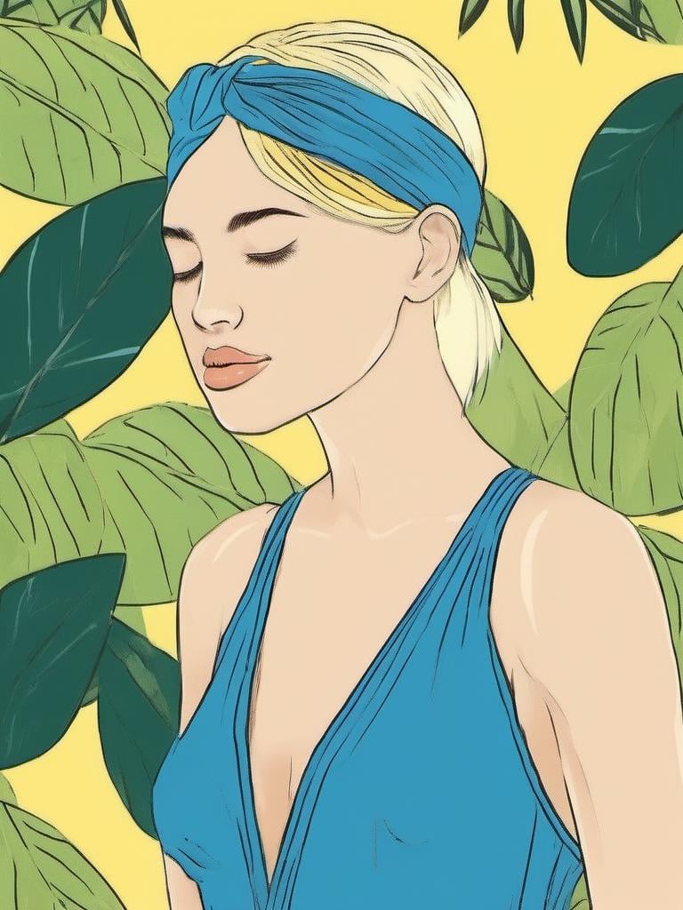 1NK , <lora:1NK:1>,The illustration shows shows a young woman in a blue one-piece swimsuit with a floral pattern. She is standing in front of a yellow background with large green leaves scattered around her. Her hair is styled in a messy bun with a blue headband tied around her head. She has her arms stretched above her head and her eyes are closed, as if she is deep in thought. The overall style of the illustration is summery and playful.