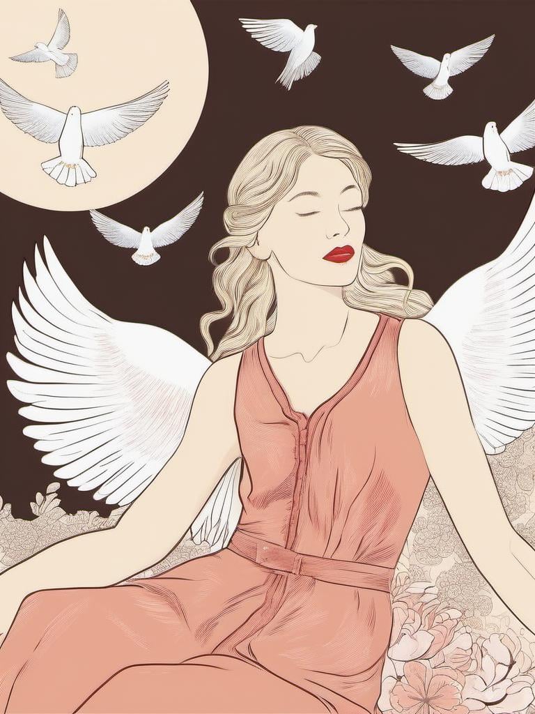 1NK , <lora:1NK:1>, illustration of a young woman with long blonde hair and red lipstick, sitting on the ground with two white doves flying around her. She is wearing a red blouse and has a serious expression on her face. The background is a light peach color with a floral pattern. The doves are flying in different directions, with their wings spread wide and their heads tilted upwards. The overall style of the illustration is whimsical and dreamlike.