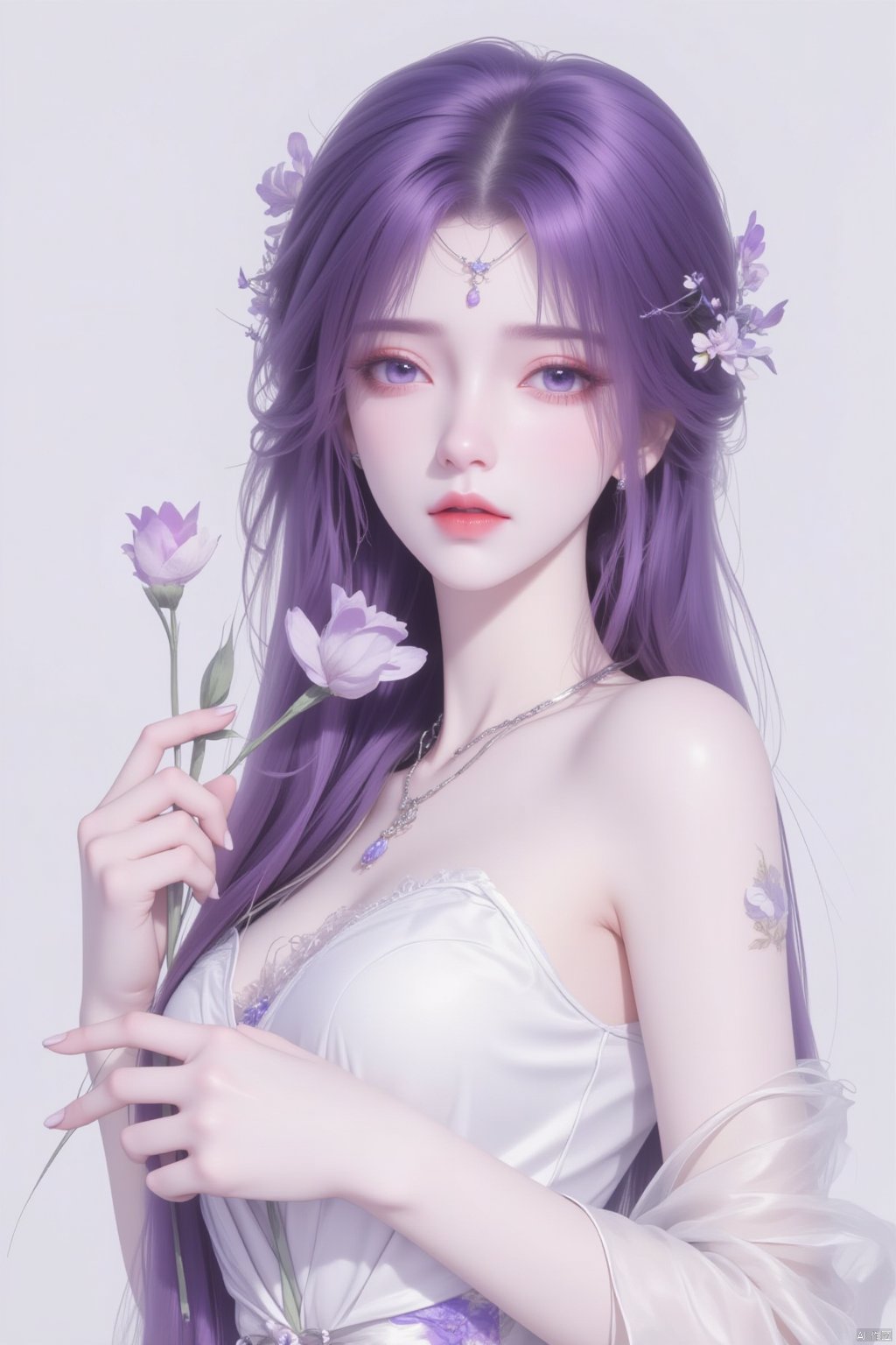  8K image.云曦Flux-起风了,purple hair,1girl, solo, long hair, looking at viewer, hair ornament, dress, holding, jewelry, purple eyes, upper body, purple hair, flower, hair flower, necklace, white dress, holding flower