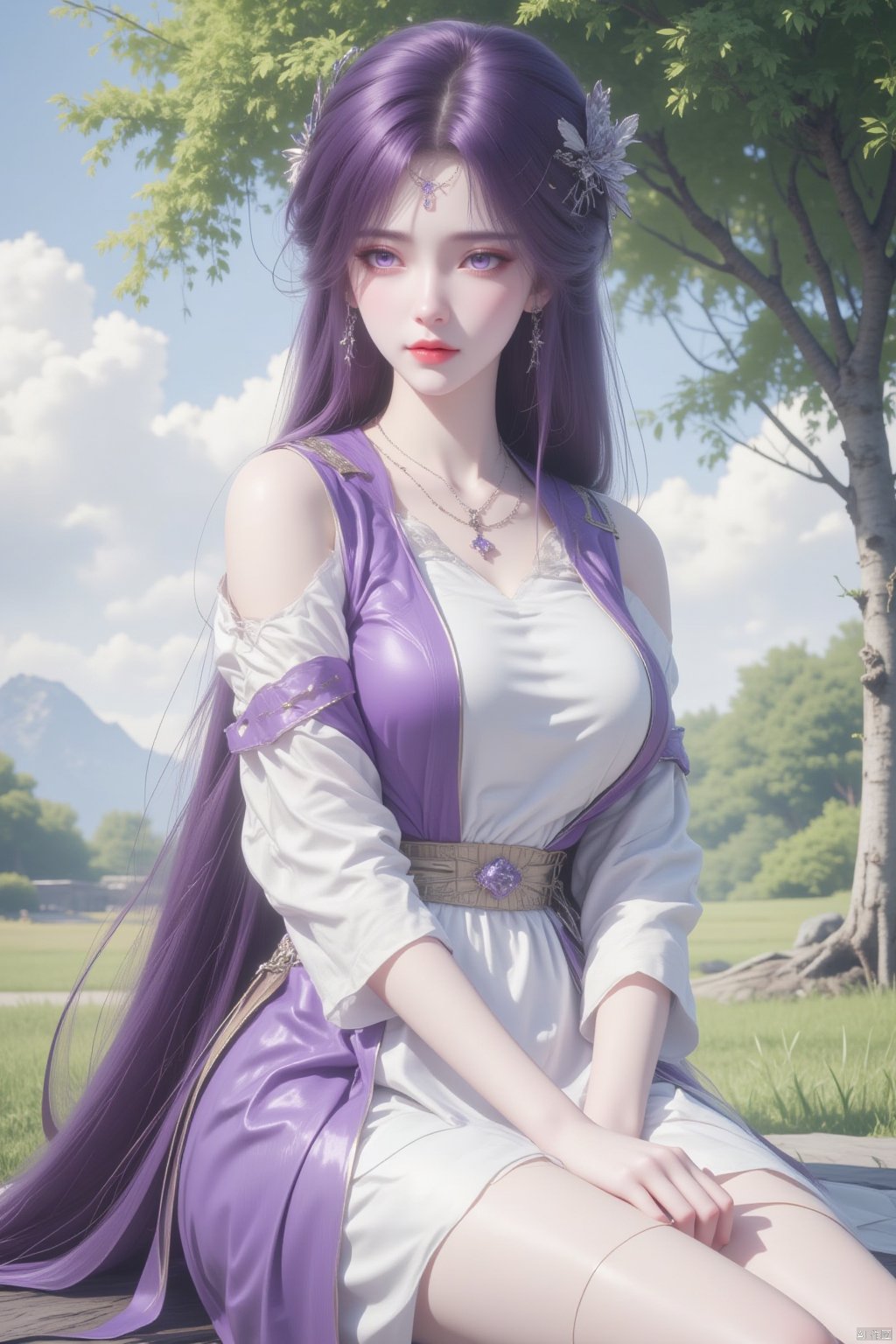  8K image.云曦Flux-起风了,purple hair,1girl, solo, long hair, looking at viewer, smile, hair ornament, dress, jewelry, sitting, purple eyes, purple hair, earrings, outdoors, necklace, white dress, tree, purple dress, bench