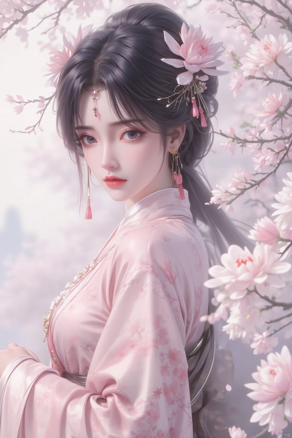 1girl, solo, looking at viewer, black hair, hair ornament, long sleeves, jewelry, closed mouth, upper body, flower, earrings, hair flower, kimono, from side, sash, makeup, facial mark, chinese clothes, floral print, cherry blossoms, tassel, pink flower, forehead mark, branch, red lips, pink kimono, tassel earrings, lotus, flower earrings