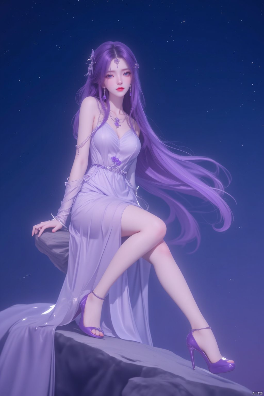  8K image.云曦Flux-起风了,purple hair,1girl, solo, long hair, hair ornament, dress, jewelry, sitting, full body, purple hair, sky, white dress, high heels, legs, bare legs, night, star \(sky\), purple dress, anklet, purple footwear