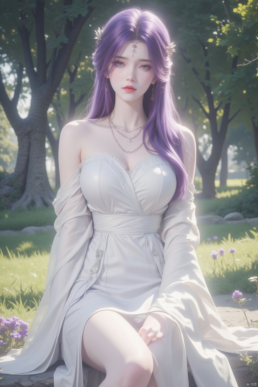  8K image.云曦Flux-起风了,purple hair,1girl, solo, long hair, breasts, looking at viewer, hair ornament, dress, bare shoulders, jewelry, sitting, purple hair, outdoors, necklace, white dress, tree