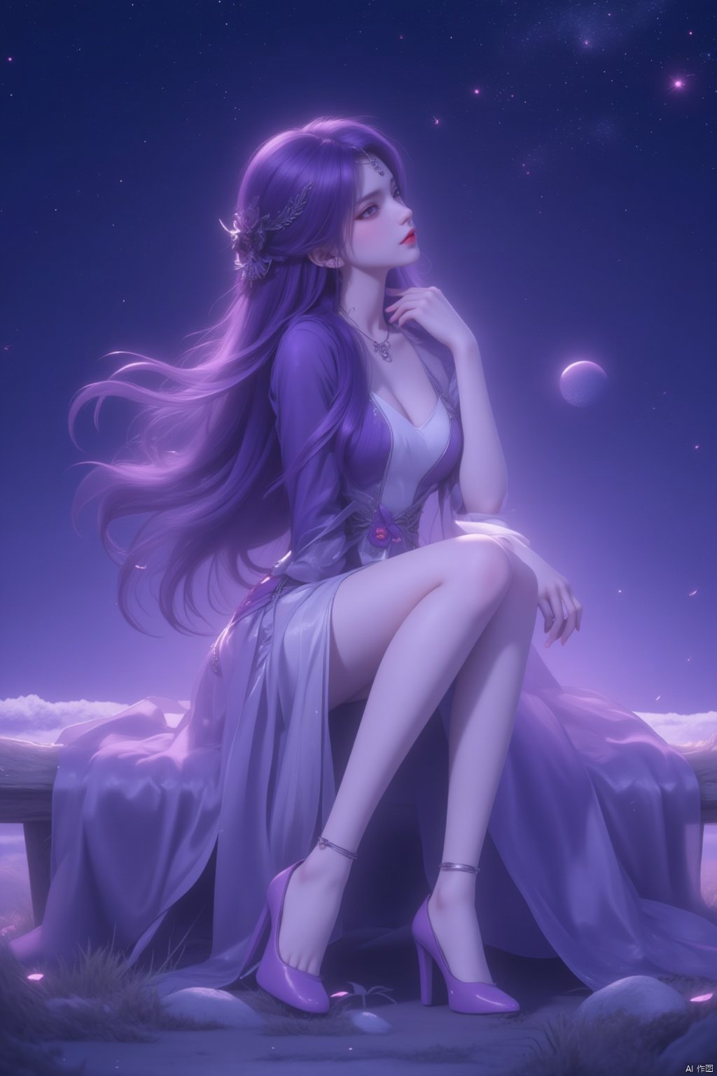  8K image.云曦Flux-起风了,purple hair,1girl, solo, long hair, hair ornament, dress, jewelry, sitting, full body, purple hair, sky, white dress, high heels, legs, bare legs, night, star \(sky\), purple dress, anklet, purple footwear