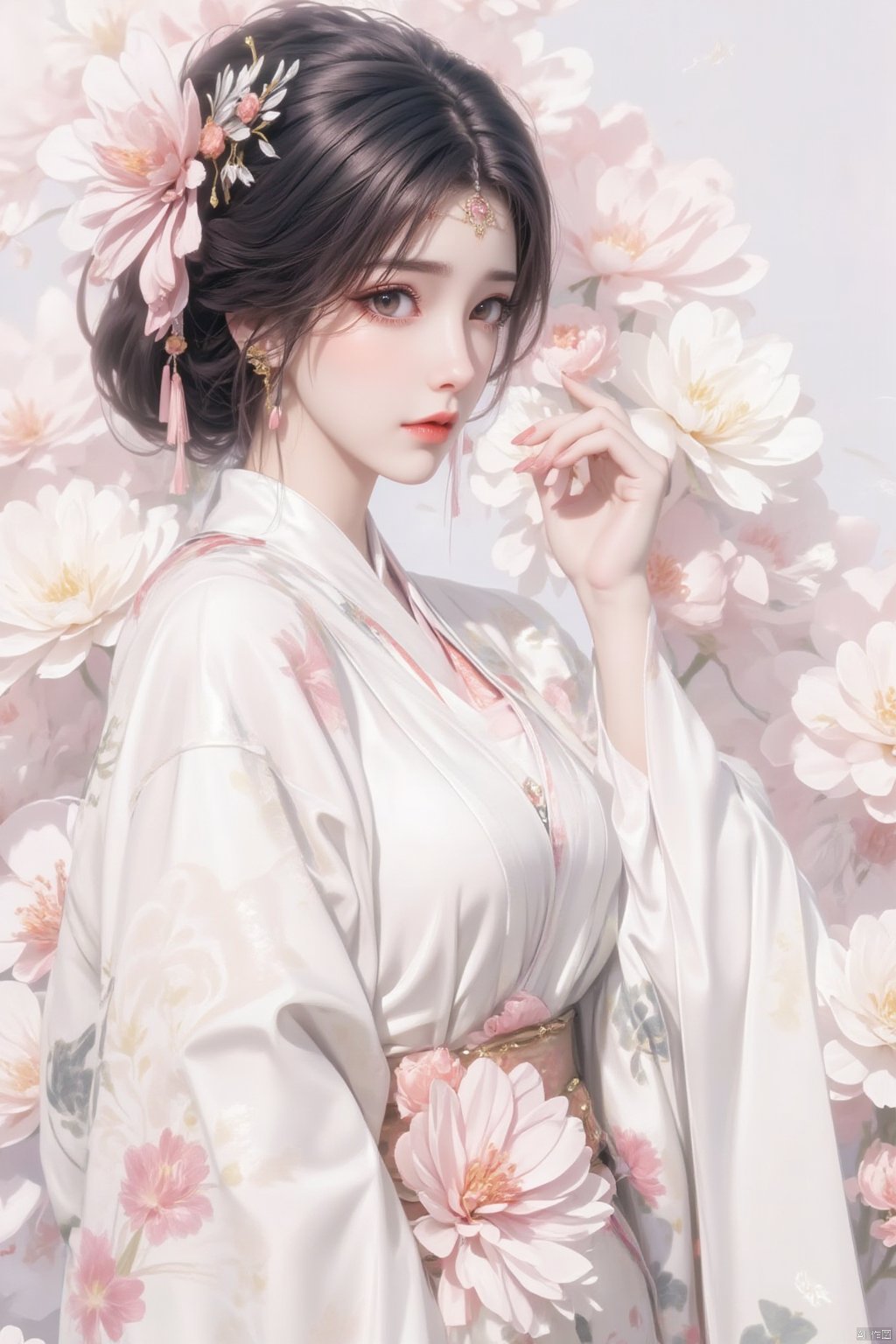 1girl, solo, black hair, hair ornament, long sleeves, bow, holding, brown eyes, jewelry, upper body, flower, earrings, parted lips, japanese clothes, hand up, hair flower, wide sleeves, kimono, hair bun, nail polish, from side, lips, sash, makeup, floral print, white flower, lipstick, tassel, pink flower, white kimono, holding flower, red lips, tassel earrings