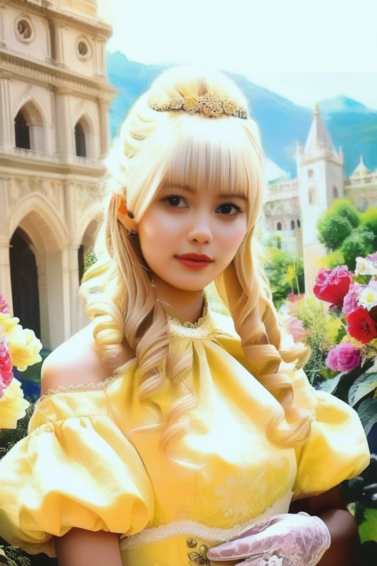 score_9, score_8_up, score_7_up, 1girl glove, upper body, tiara, drill hair, long hair, blonde hair, yellow dress, palace, flowers, detailed face, masterpiece, realistic, best quality, high detail, hyme