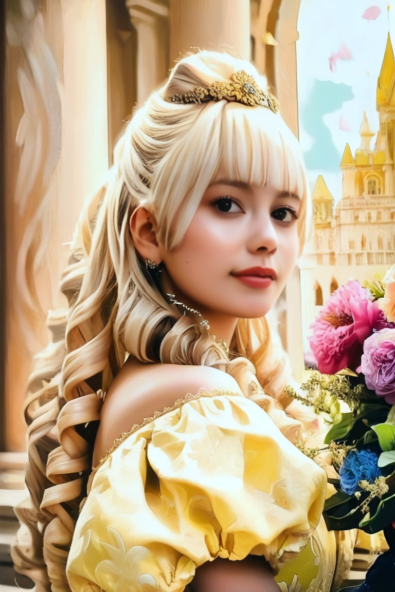 score_9, score_8_up, score_7_up, 1girl glove, upper body, tiara, drill hair, long hair, blonde hair, yellow dress, palace, flowers, detailed face, masterpiece, realistic, best quality, high detail, hyme