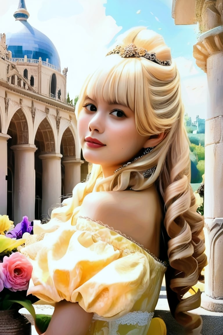 score_9, score_8_up, score_7_up, 1girl looking at viewer, upper body, tiara, drill hair, long hair, blonde hair, yellow dress, palace, flowers, detailed face, masterpiece, realistic, best quality, high detail, hyme, black eyes