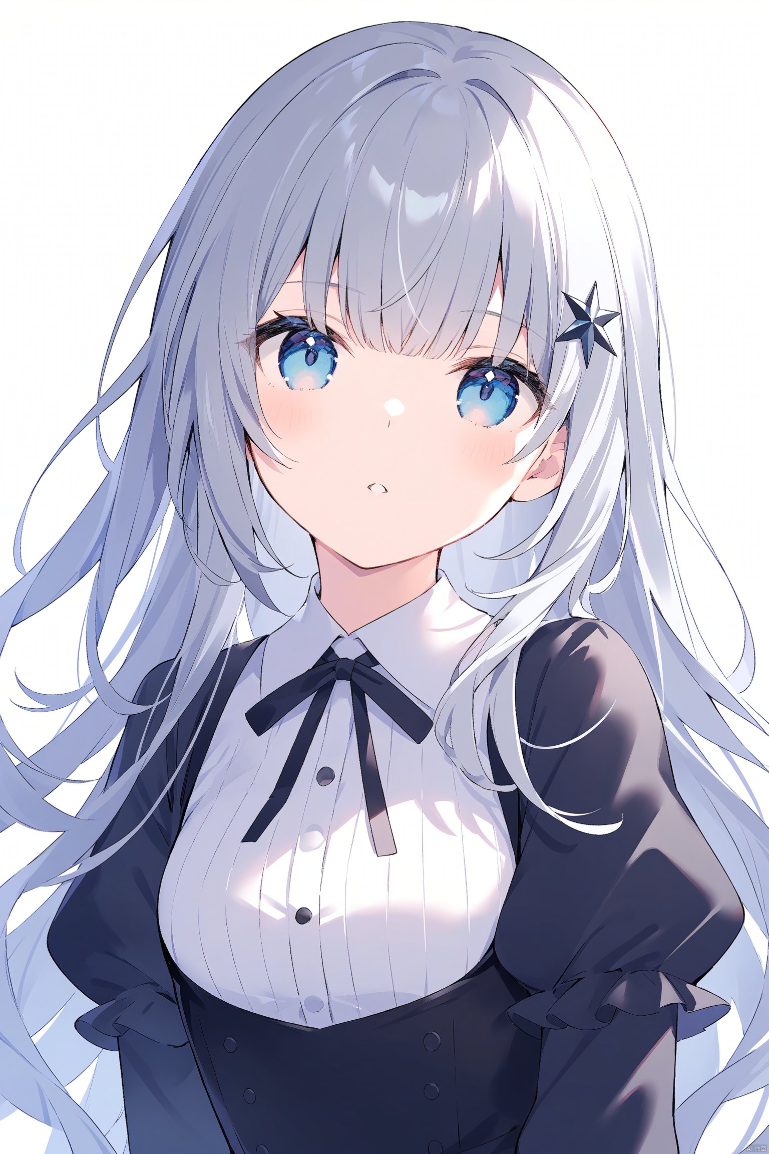 1girl, bangs, black_dress, blue_eyes, breasts, dress, grey_hair, hair_ornament, juliet_sleeves, long_hair, long_sleeves, looking_at_viewer, medium_breasts, parted_lips, puffy_short_sleeves, puffy_sleeves, simple_background, solo, upper_body, white_background