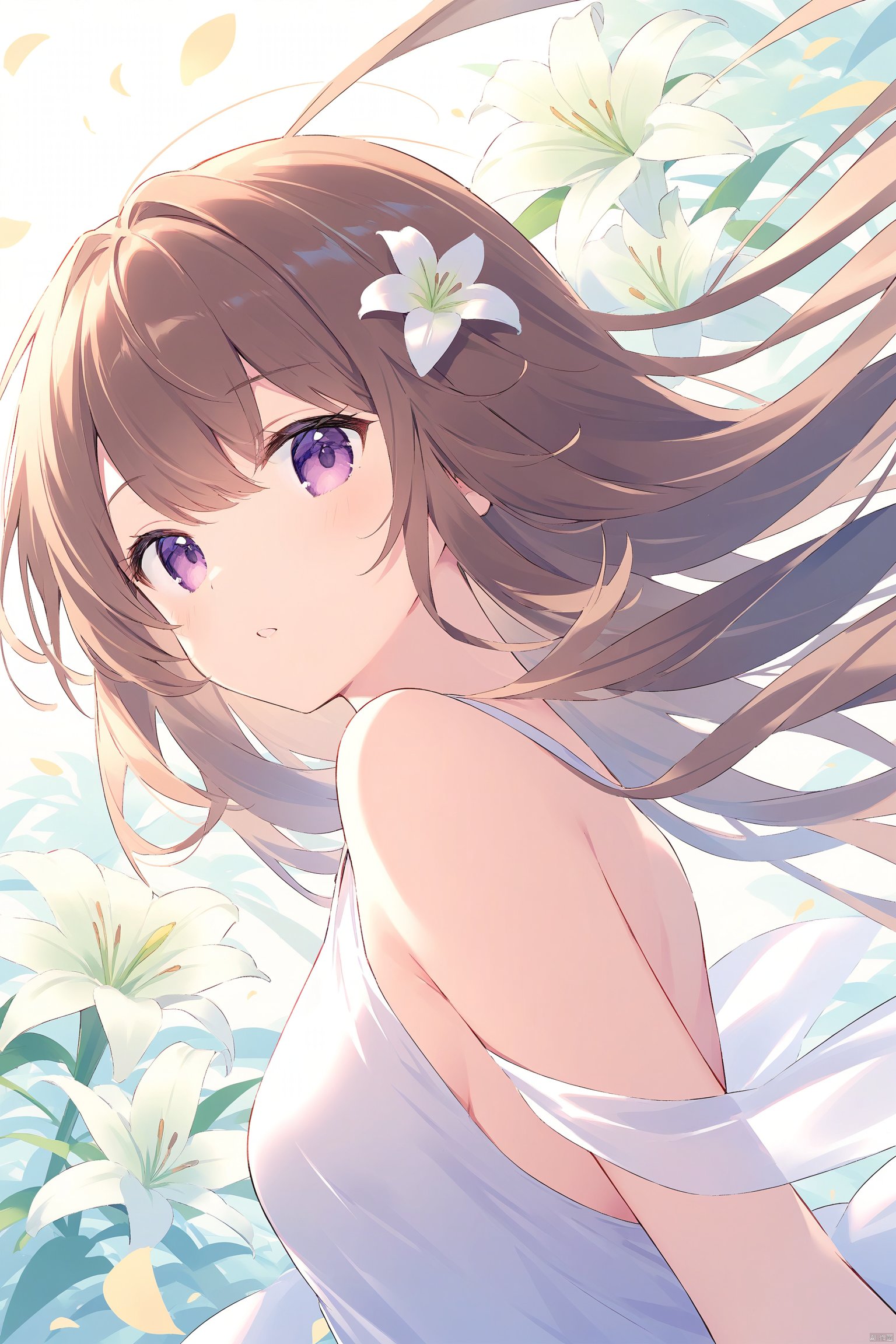 1girl, bare_shoulders, breasts, brown_hair, dress, floating_hair, flower, from_side, hair_flower, leaf, lily_\(flower\), long_hair, looking_at_viewer, petals, purple_eyes, sideboob, small_breasts, solo, upper_body, white_flower, wind