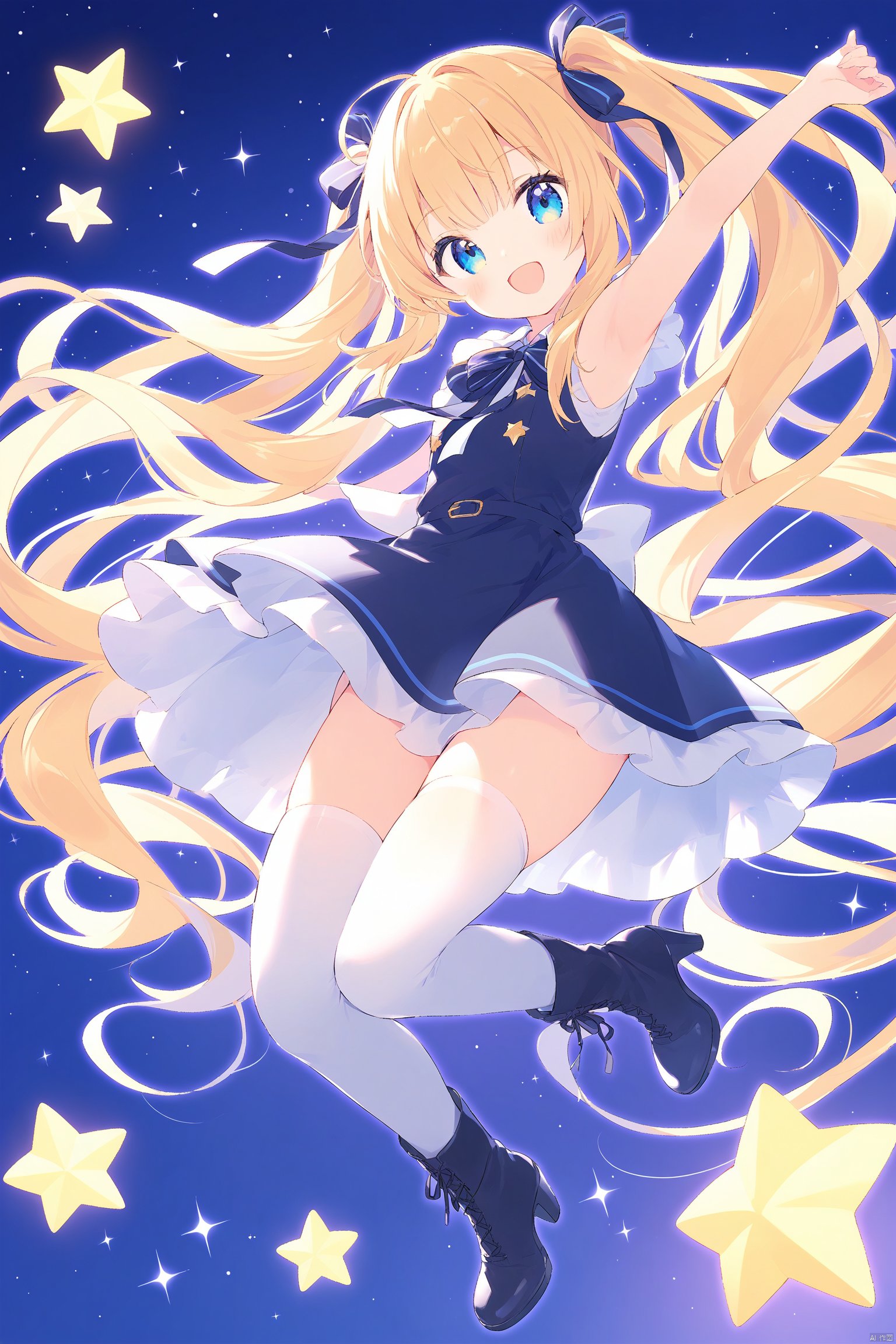 1girl, :d, armpits, blue_eyes, eyebrows_visible_through_hair, high_heel_boots, high_heels, long_hair, looking_at_viewer, open_mouth, ribbon, skirt, smile, solo, sparkle, sparkle_background, star_\(symbol\), starry_background, thighhighs, twintails, very_long_hair