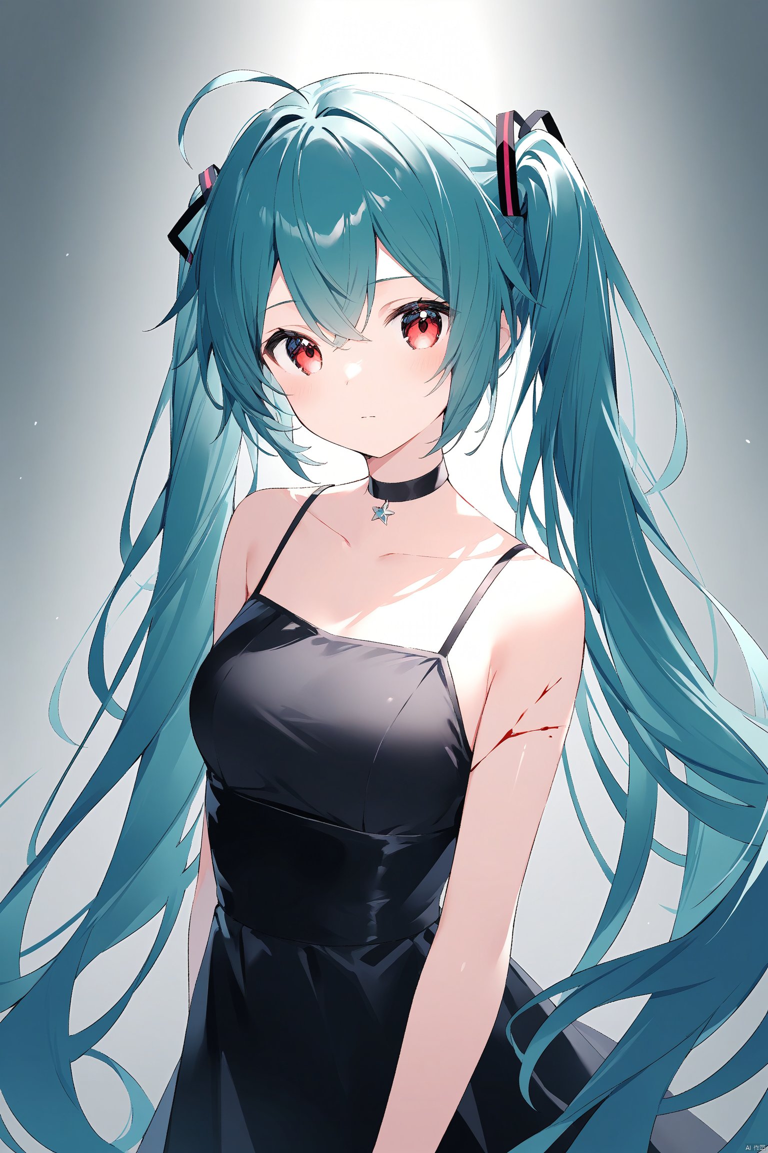  best quality, amazing quality, very aesthetic, absurdres,1girl, solo, long_hair, hatsune_miku, twintails, red_eyes, hair_between_eyes, black_dress, dress, floating_hair, very_long_hair, upper_body, sleeveless, collarbone, looking_at_viewer, choker, breasts, closed_mouth, sleeveless_dress, cracked_skin, grey_background, bangs, black_choker, shiny_hair, shiny, ahoge, bare_shoulders, ribbon, blue_hair, black_ribbon, blood, gradient, hair_ornament, medium_breasts, gradient_background