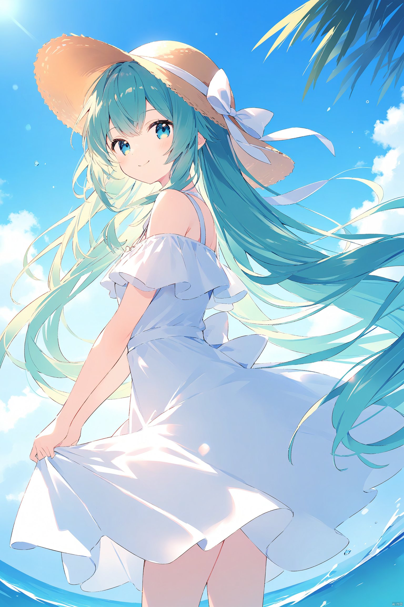 1girl, bangs, bare_shoulders, blue_eyes, brown_headwear, closed_mouth, dress, from_side, hat, hat_bow, hat_ribbon, hatsune_miku, long_hair, looking_at_viewer, off_shoulder, ribbon, smile, solo, straw_hat, sun_hat, very_long_hair, water, white_dress, white_ribbon