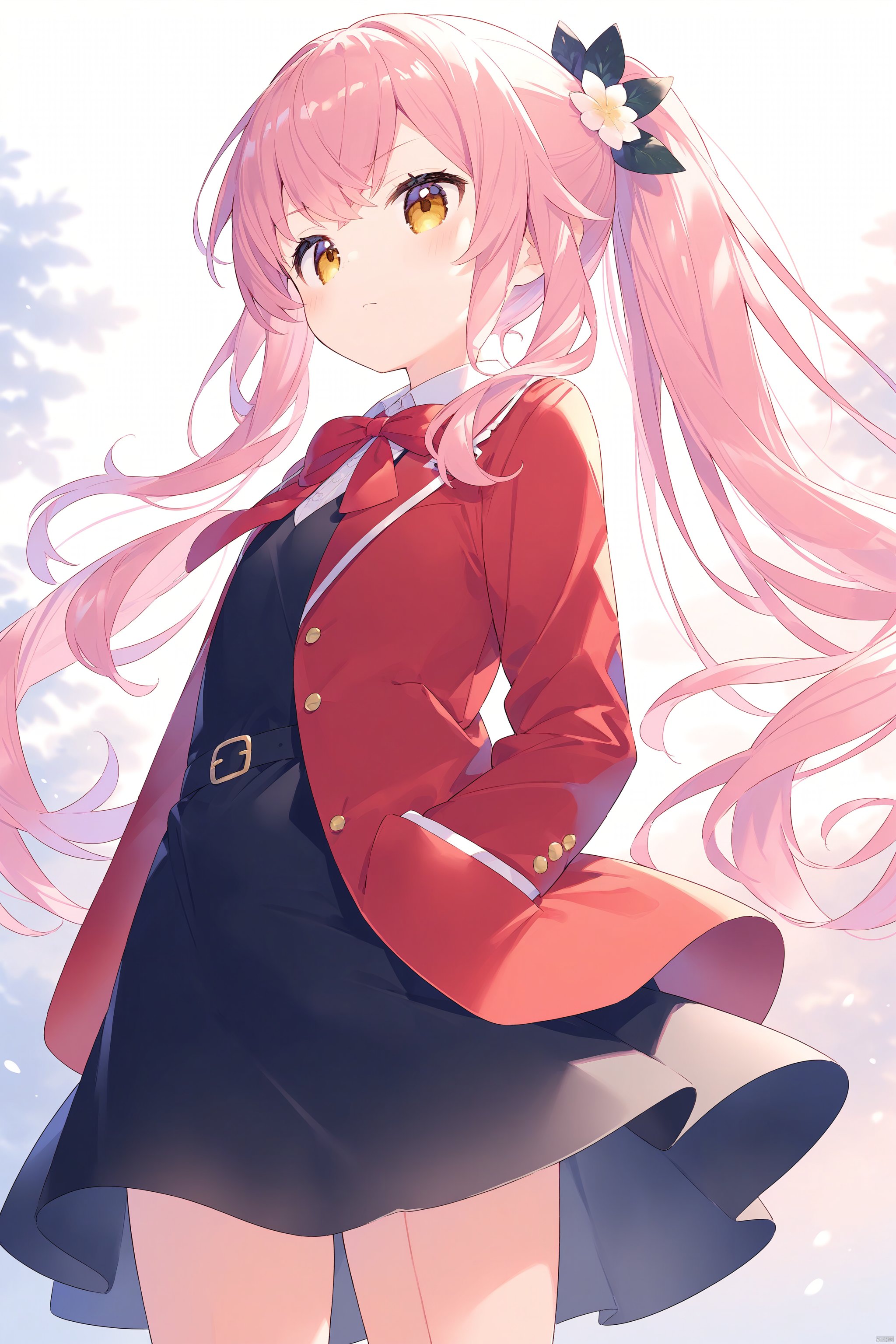 loli,petite,long hair,Pink hair,Yellow eyes,(red Jacket),high ponytail,white collared shirt,hair flower,fipped hair,floating hair,Frown,hands in pockets,black dress,red bowtie,(solo)