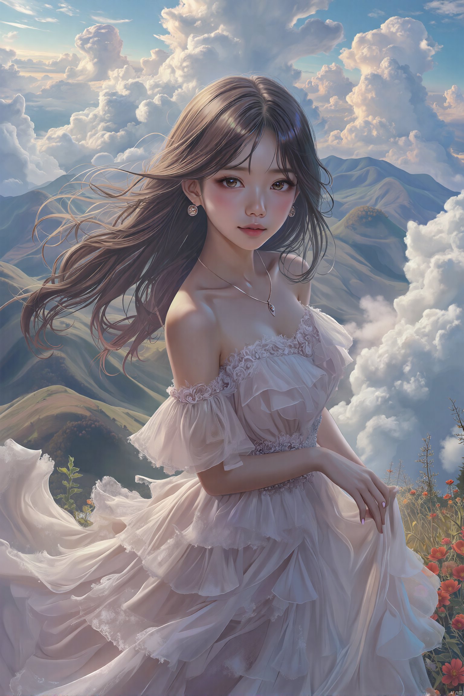 A masterpiece of digital painting, showcasing a breathtakingly beautiful young woman in a stunning flowy dress, set against the backdrop of a serene landscape with rolling hills and dramatic clouds. Shot from an extremely high angle, the fisheye lens captures every intricate detail of her features, including her adorable face, deep-set eyes, and flowing hair. The lighting is cinematic, with high contrast between the soft, ethereal clouds and the sharp focus on the subject's skin tones. The overall effect is photorealistic, with an astonishing level of detail and a sense of depth that draws the viewer in.